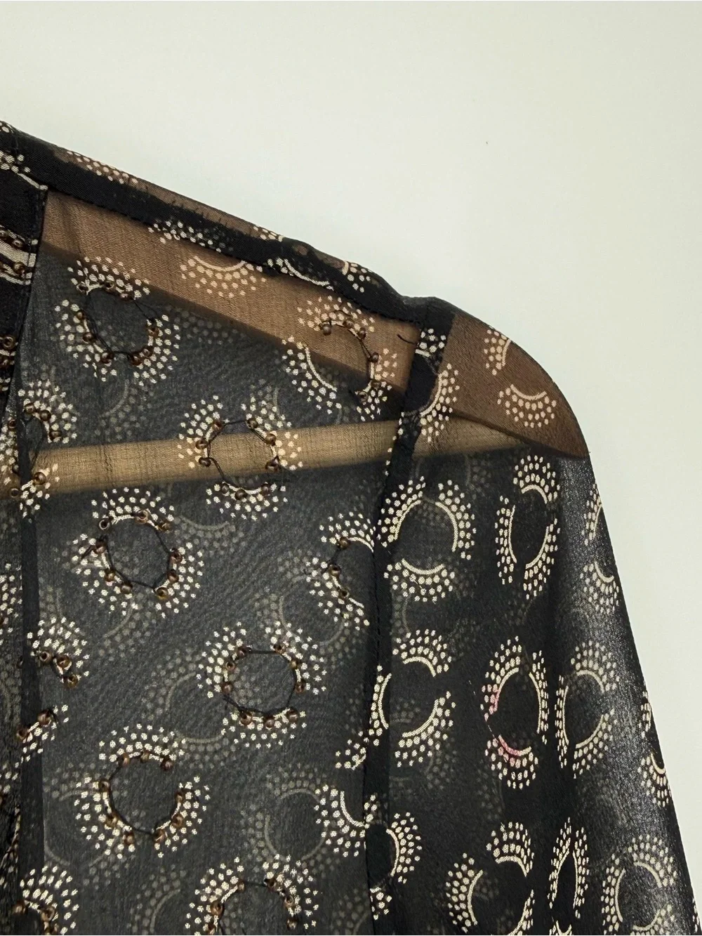 Willi Smith Silk Sheer Blouse Top Black Print Beaded Size Small Y2k